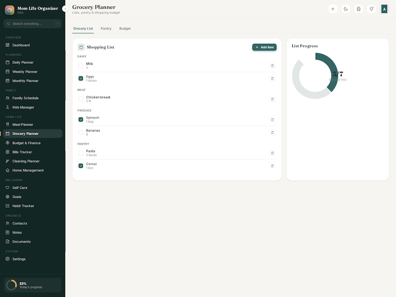 May include: A digital grocery planner interface titled Mom Life Organizer featuring a dark sidebar menu, a central shopping list with categorized items like milk, eggs, and chicken, and a circular list progress chart showing three of seven items completed.
