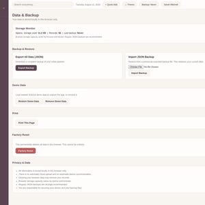 May include: A digital interface for the Working Mom Planner Pro showing a Data and Backup settings page. The layout includes sections for storage monitoring, JSON data export and import, demo data management, printing, factory reset, and privacy.