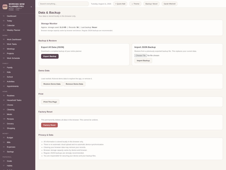 May include: A digital interface for the Working Mom Planner Pro showing a Data and Backup settings page. The layout includes sections for storage monitoring, JSON data export and import, demo data management, printing, factory reset, and privacy.