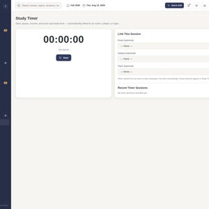 May include: A digital study timer interface featuring a dark blue sidebar with navigation menus, a central timer display showing 00:00:00, a start button, and a section to link sessions to exams, subjects, or topics with dropdown menus.