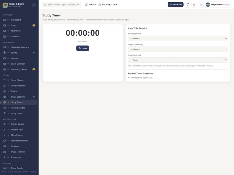 May include: A digital study timer interface featuring a dark blue sidebar with navigation menus, a central timer display showing 00:00:00, a start button, and a section to link sessions to exams, subjects, or topics with dropdown menus.