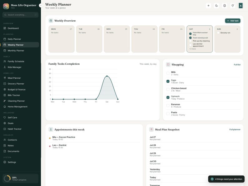 May include: A digital Mom Life Organizer dashboard interface featuring a weekly planner, family tasks completion graph, shopping list, appointments, and meal plan snapshot. The layout uses a dark green sidebar with light beige content panels.