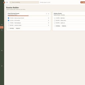 K&ouml;nnte beinhalten: Eine digitale Benutzeroberfl&auml;che mit dem Titel Routine Builder und einer dunkelgr&uuml;nen Seitenleiste mit Navigationssymbolen und Beschriftungen wie Dashboard, Family und Calendar. Der Hauptbereich zeigt zwei wei&szlig;e Karten f&uuml;r t&auml;gliche Routinen.