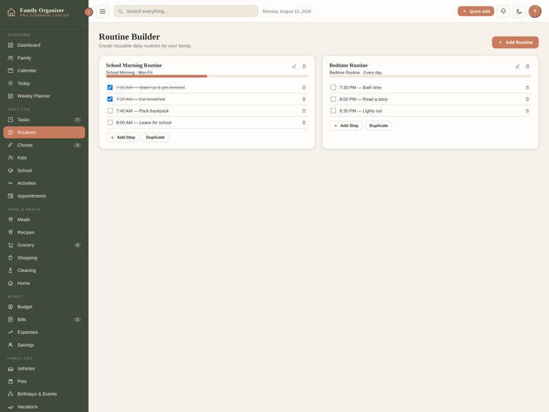 K&ouml;nnte beinhalten: Eine digitale Benutzeroberfl&auml;che mit dem Titel Routine Builder und einer dunkelgr&uuml;nen Seitenleiste mit Navigationssymbolen und Beschriftungen wie Dashboard, Family und Calendar. Der Hauptbereich zeigt zwei wei&szlig;e Karten f&uuml;r t&auml;gliche Routinen.