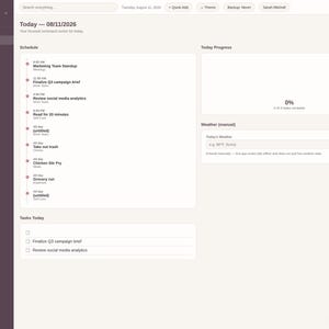 May include: A digital dashboard interface titled Working Mom Planner Pro with a dark sidebar menu, a schedule for August 11, 2026, a progress bar showing 0% completion, a weather input field, and a task list with checkboxes for daily activities.