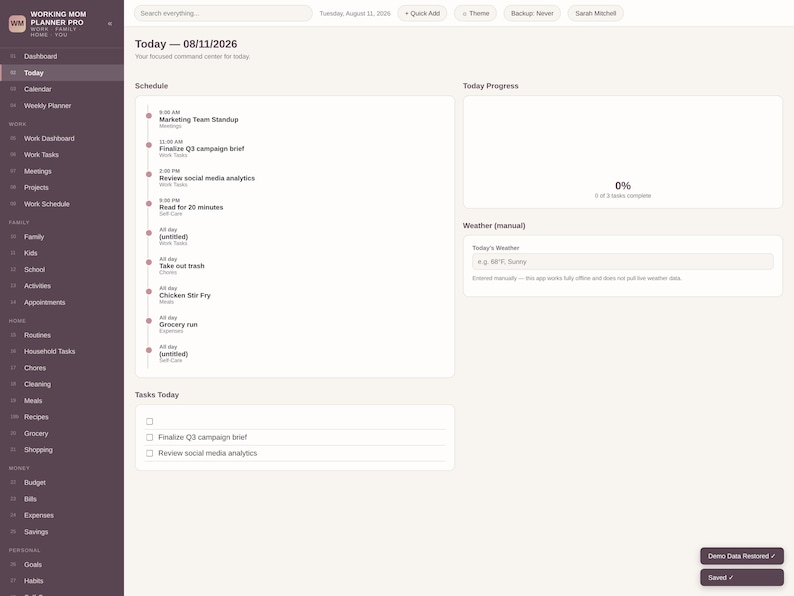 May include: A digital dashboard interface titled Working Mom Planner Pro with a dark sidebar menu, a schedule for August 11, 2026, a progress bar showing 0% completion, a weather input field, and a task list with checkboxes for daily activities.
