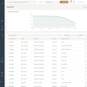Pode incluir: Uma interface de painel de gest&atilde;o de propriedades intitulada Property Mgmt System Pro, apresentando um menu de navega&ccedil;&atilde;o lateral escuro e uma &aacute;rea principal clara que exibe um gr&aacute;fico de linhas Rent Collection Trend e uma tabela detalhada de registros de pagamento.