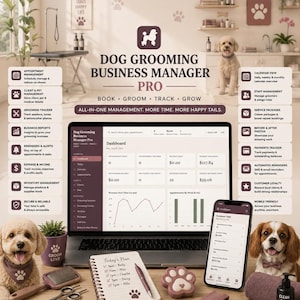Puede incluir: Un portátil y un smartphone con el software Dog Grooming Business Manager Pro, rodeados de un cuaderno, bolígrafo, herramientas de aseo y dos perros. La pantalla muestra un panel con datos de ingresos y citas, además del texto: Book, Groom, Track, Grow.