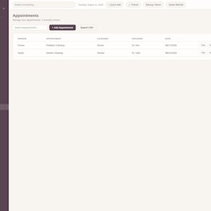 May include: A digital interface for the Working Mom Planner Pro showing an appointments dashboard. The dark purple sidebar lists navigation categories, while the main white area displays a table with columns for person, appointment, category, provider, and date.