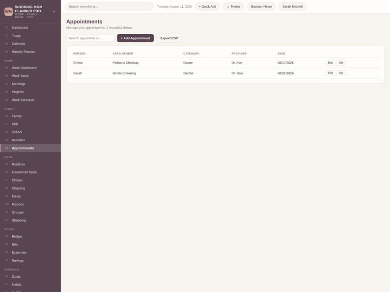 May include: A digital interface for the Working Mom Planner Pro showing an appointments dashboard. The dark purple sidebar lists navigation categories, while the main white area displays a table with columns for person, appointment, category, provider, and date.