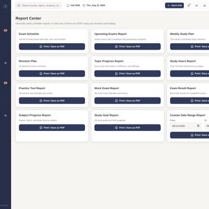 May include: A digital dashboard interface titled Report Center featuring a dark sidebar with navigation links and a main area containing twelve white rectangular cards. Each card includes a title, a brief description, and a dark blue button labeled Print / Save as PDF for generating reports.