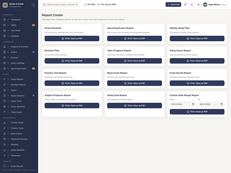 May include: A digital dashboard interface titled Report Center featuring a dark sidebar with navigation links and a main area containing twelve white rectangular cards. Each card includes a title, a brief description, and a dark blue button labeled Print / Save as PDF for generating reports.