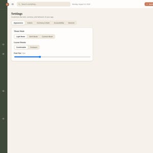 K&ouml;nnte beinhalten: Eine digitale Benutzeroberfl&auml;che f&uuml;r ein Family Organizer Command Center mit einem Einstellungsmen&uuml;. Der Bildschirm zeigt eine dunkelgr&uuml;ne Seitenleiste mit Navigationssymbolen und einen hellbeigen Hauptbereich mit Optionen f&uuml;r Aussehen und Schriftgr&ouml;&szlig;e.