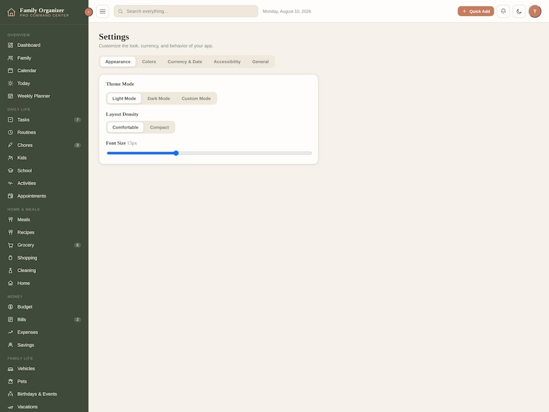 K&ouml;nnte beinhalten: Eine digitale Benutzeroberfl&auml;che f&uuml;r ein Family Organizer Command Center mit einem Einstellungsmen&uuml;. Der Bildschirm zeigt eine dunkelgr&uuml;ne Seitenleiste mit Navigationssymbolen und einen hellbeigen Hauptbereich mit Optionen f&uuml;r Aussehen und Schriftgr&ouml;&szlig;e.