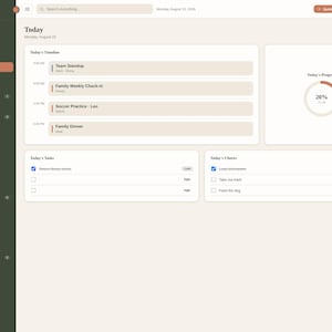 K&ouml;nnte beinhalten: Eine digitale Dashboard-Oberfl&auml;che mit dem Titel Family Organizer You Command Center, einem dunkelgr&uuml;nen Seitenmen&uuml;, einem hellbeigen Hauptbereich mit einem Zeitplan f&uuml;r heute, einem Fortschrittskreis bei 20 Prozent sowie Aufgaben- und Erledigungslisten.