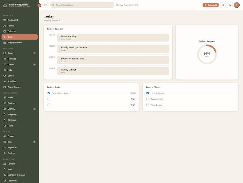 K&ouml;nnte beinhalten: Eine digitale Dashboard-Oberfl&auml;che mit dem Titel Family Organizer You Command Center, einem dunkelgr&uuml;nen Seitenmen&uuml;, einem hellbeigen Hauptbereich mit einem Zeitplan f&uuml;r heute, einem Fortschrittskreis bei 20 Prozent sowie Aufgaben- und Erledigungslisten.