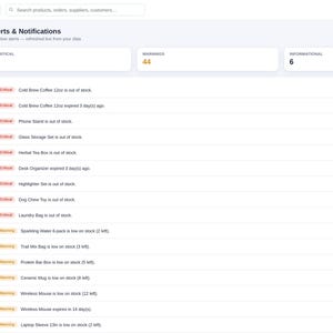May include: A digital dashboard interface titled Alerts & Notifications displaying a list of inventory status updates. The screen features a dark blue sidebar navigation menu and a white main content area with critical and warning alert rows.