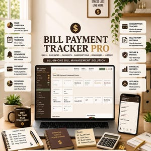 May include: A digital bill payment tracker software displayed on a laptop and smartphone screen, surrounded by a notebook, a calculator, a mug with text, and sticky notes. The interface shows financial data, charts, and lists for bill management.