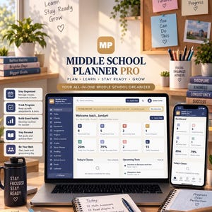 Puede incluir: Un organizador digital Middle School Planner Pro mostrado en la pantalla de una computadora portátil y un teléfono inteligente, con un panel de seguimiento académico, junto a un cuaderno de espiral con una lista de tareas escrita a mano, un bolígrafo y una botella de agua negra.