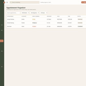 K&ouml;nnte beinhalten: Eine digitale Benutzeroberfl&auml;che f&uuml;r ein Familien-Organisationszentrum mit einer Termin&uuml;bersicht. Die dunkelgr&uuml;ne Seitenleiste listet Kategorien wie Dashboard, Kalender und Aufgaben auf. Der Hauptbereich zeigt Termindetails wie Datum, Uhrzeit und Status an.
