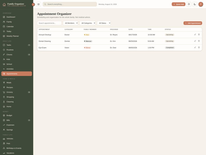 K&ouml;nnte beinhalten: Eine digitale Benutzeroberfl&auml;che f&uuml;r ein Familien-Organisationszentrum mit einer Termin&uuml;bersicht. Die dunkelgr&uuml;ne Seitenleiste listet Kategorien wie Dashboard, Kalender und Aufgaben auf. Der Hauptbereich zeigt Termindetails wie Datum, Uhrzeit und Status an.