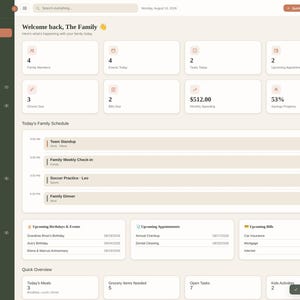 K&ouml;nnte beinhalten: Eine digitale Familien-Organizer-Dashboard-Oberfl&auml;che mit einer dunkelgr&uuml;nen Seitenleiste mit Navigationssymbolen und einem hellbeigen Hauptbereich. Der Bildschirm zeigt verschiedene Widgets f&uuml;r Familienmitglieder, Termine, Aufgaben und Rechnungen.