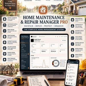 Puede incluir: Un sistema digital de gestión de mantenimiento y reparaciones del hogar en una laptop y un smartphone, con un panel de control de datos de propiedad, seguimiento de gastos y calendarios, junto a una lista de tareas física.