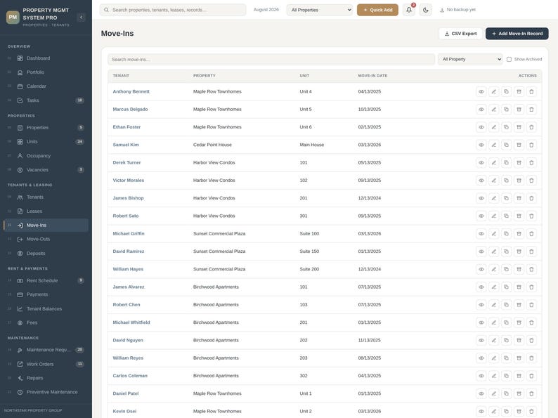 Pode incluir: Uma interface de painel digital intitulada Property Mgmt System Pro exibindo uma tabela de mudan&ccedil;as. A tela apresenta um menu de navega&ccedil;&atilde;o lateral escuro e uma &aacute;rea de conte&uacute;do principal branca listando nomes de inquilinos e propriedades.