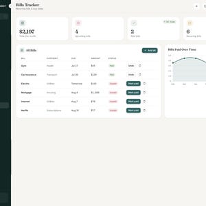 May include: A digital dashboard interface titled Mom Life Organizer Pro featuring a Bills Tracker section. The screen displays a list of bills with categories, due dates, amounts, and payment statuses, alongside a line graph showing bills paid over time.