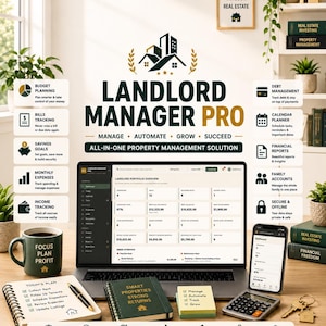 Könnte beinhalten: Ein digitales Landlord Manager Pro Dashboard auf einem Laptop und Smartphone, umgeben von einem grünen Becher, Notizbüchern, einem Taschenrechner und Schlüsseln, mit Text, der Funktionen zur Immobilienverwaltung detailliert.