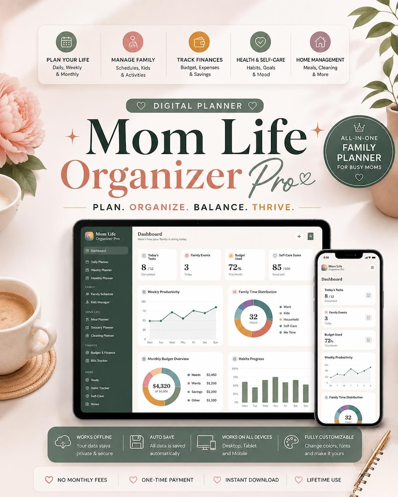 May include: A digital planner titled Mom Life Organizer Pro displayed on a tablet and smartphone. The interface features a dashboard with task lists, budget charts, and productivity graphs. Text includes Plan Your Life, Manage Family, Track Finances, Health & Self-Care, Home Management, Plan. Organize. Balance. Thrive., and All-In-One Family Planner For Busy Moms.