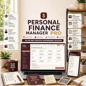 May include: A Personal Finance Manager Pro digital dashboard displayed on a laptop and smartphone, featuring budget planning, bill tracking, savings goals, and debt management tools with text overlays on a desk with a notebook, mug, and calculator.