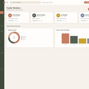 K&ouml;nnte beinhalten: Ein digitales Familien-Organizer-Dashboard mit einer dunkelgr&uuml;nen Seitenleiste mit Navigationssymbolen und einem hellbeigen Hauptbereich. Es zeigt Familienmitgliederprofile, ein Ringdiagramm f&uuml;r Rollen und ein Balkendiagramm f&uuml;r Aufgaben.
