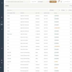 Pode incluir: Uma interface de software de gest&atilde;o de propriedades exibindo uma tabela intitulada Units. O painel apresenta uma barra lateral escura com links de navega&ccedil;&atilde;o e uma &aacute;rea principal clara listando n&uacute;meros de unidades, nomes de propriedades, tipos, alugu&eacute;is e &iacute;cones de status.