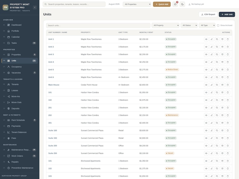 Pode incluir: Uma interface de software de gest&atilde;o de propriedades exibindo uma tabela intitulada Units. O painel apresenta uma barra lateral escura com links de navega&ccedil;&atilde;o e uma &aacute;rea principal clara listando n&uacute;meros de unidades, nomes de propriedades, tipos, alugu&eacute;is e &iacute;cones de status.