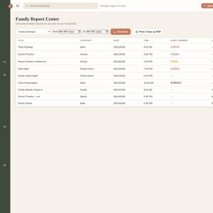 K&ouml;nnte beinhalten: Eine digitale Benutzeroberfl&auml;che des Family Report Center mit einer dunkelgr&uuml;nen Seitenleiste mit Navigationssymbolen und einem hellbeigen Hauptbereich. Der Bildschirm zeigt eine Tabelle mit dem Titel Family Schedule mit Spalten f&uuml;r Titel, Kategorie, Datum, Uhrzeit, Familienmitglied und Ort.