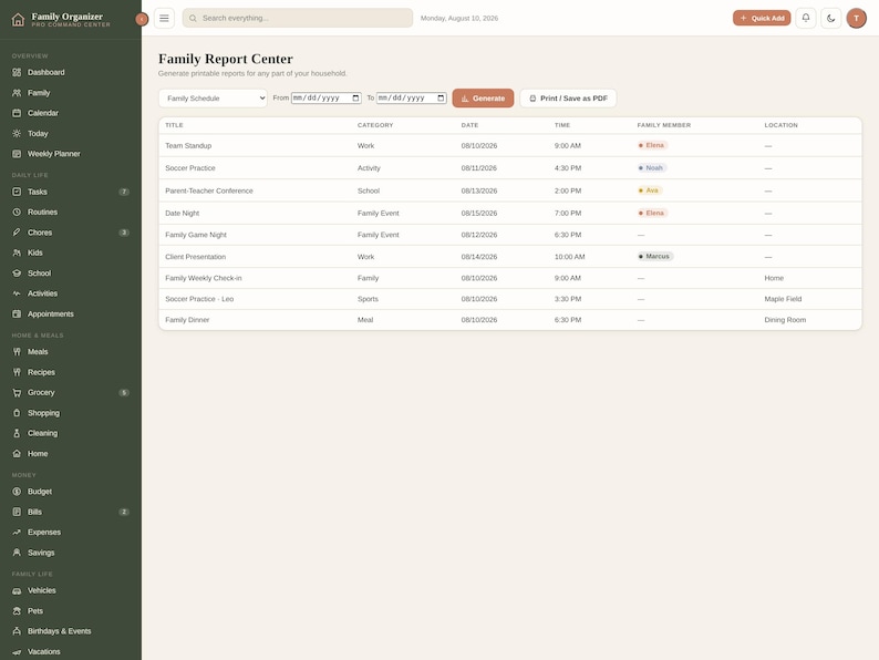 K&ouml;nnte beinhalten: Eine digitale Benutzeroberfl&auml;che des Family Report Center mit einer dunkelgr&uuml;nen Seitenleiste mit Navigationssymbolen und einem hellbeigen Hauptbereich. Der Bildschirm zeigt eine Tabelle mit dem Titel Family Schedule mit Spalten f&uuml;r Titel, Kategorie, Datum, Uhrzeit, Familienmitglied und Ort.
