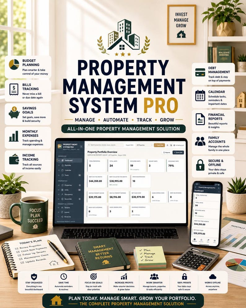Pode incluir: Um painel digital Property Management System Pro exibido em um laptop e smartphone, cercado por um caderno, calculadora e &iacute;cones informativos detalhando recursos como planejamento de or&ccedil;amento, gest&atilde;o de d&iacute;vidas e relat&oacute;rios financeiros.