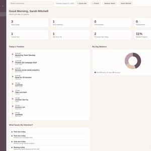 May include: A digital dashboard interface titled Working Mom Planner Pro, featuring a dark sidebar with navigation menus and a light main area displaying daily tasks, a timeline, a donut chart for day balance, and a section for urgent items.