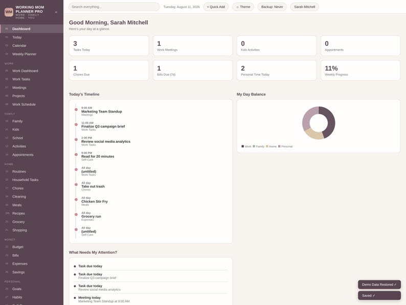May include: A digital dashboard interface titled Working Mom Planner Pro, featuring a dark sidebar with navigation menus and a light main area displaying daily tasks, a timeline, a donut chart for day balance, and a section for urgent items.