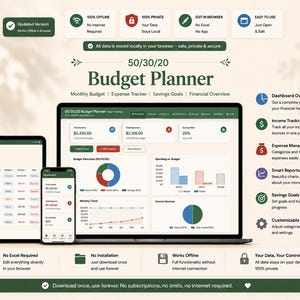 Planer Budżetu 50/30/20 | Interaktywny moduł śledzenia finansów HTML (do pobrania natychmiast)