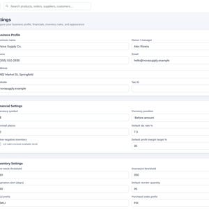 May include: A digital dashboard interface for Nova Supply Co. displaying business profile settings, financial configurations, and inventory management parameters including low-stock thresholds, tax rates, and contact information fields.