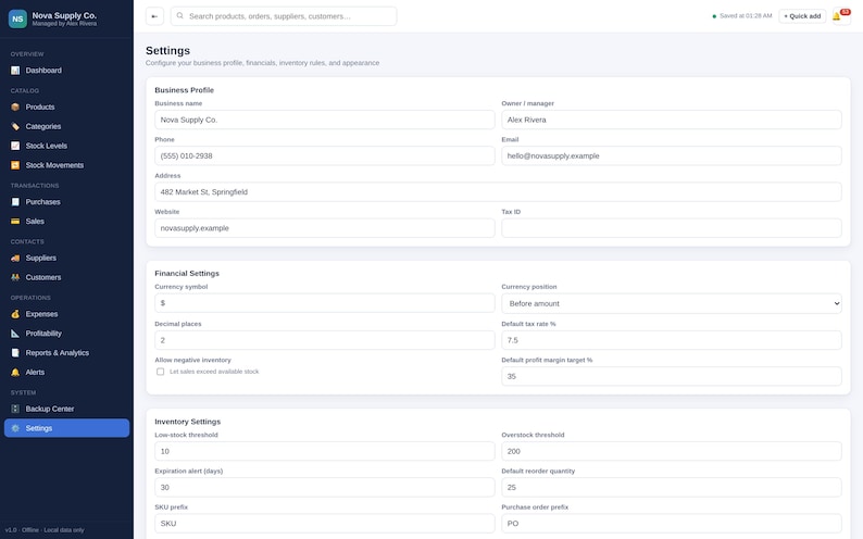 May include: A digital dashboard interface for Nova Supply Co. displaying business profile settings, financial configurations, and inventory management parameters including low-stock thresholds, tax rates, and contact information fields.