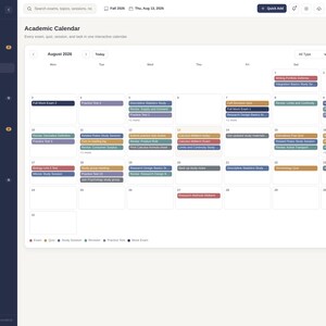 May include: A digital academic calendar interface for August 2026, featuring a dark sidebar with navigation menus and a main white grid displaying color-coded events, exams, quizzes, and study sessions with text labels for each scheduled item.