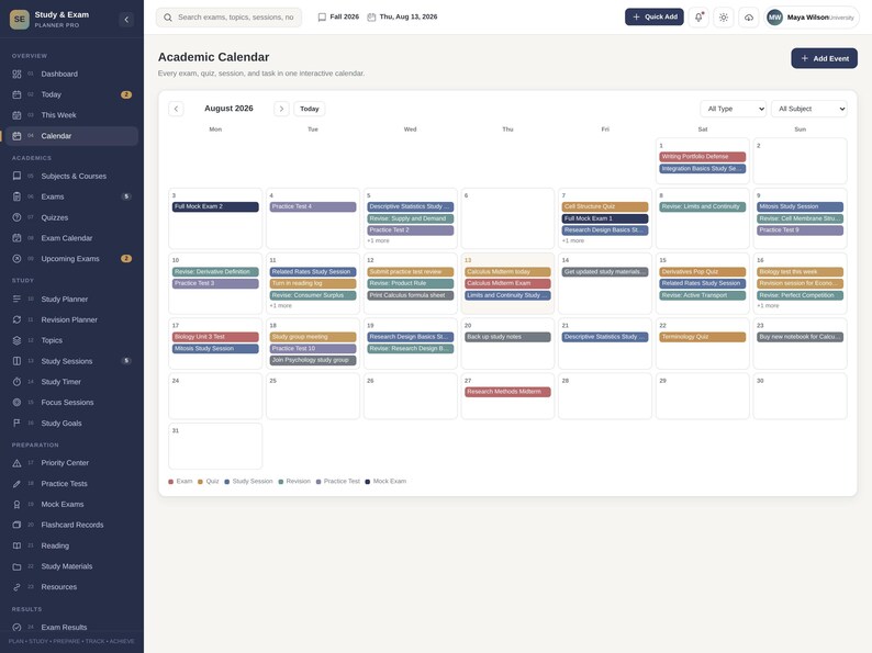 May include: A digital academic calendar interface for August 2026, featuring a dark sidebar with navigation menus and a main white grid displaying color-coded events, exams, quizzes, and study sessions with text labels for each scheduled item.
