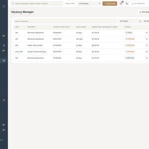 Pode incluir: Uma interface de painel digital intitulada Property Mgmt System Pro exibindo uma tabela Vacancy Manager. A tabela lista unidades, nomes de propriedades, datas de in&iacute;cio de vac&acirc;ncia, dias vagos, aluguel solicitado e indicadores.