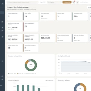 Pode incluir: Uma interface de painel de gest&atilde;o imobili&aacute;ria intitulada Property Portfolio Overview. O ecr&atilde; apresenta v&aacute;rios cart&otilde;es de dados, incluindo o total de propriedades, unidades, taxas de ocupa&ccedil;&atilde;o, rendas cobradas e m&eacute;tricas financeiras ao lado de uma barra lateral.