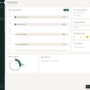 May include: A digital daily planner interface titled Mom Life Organizer featuring a dark green sidebar with navigation menus, an hourly schedule, today's priorities, a water tracker, mood tracker, gratitude section, daily completion chart, and daily notes.