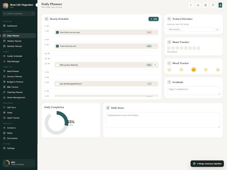 May include: A digital daily planner interface titled Mom Life Organizer featuring a dark green sidebar with navigation menus, an hourly schedule, today's priorities, a water tracker, mood tracker, gratitude section, daily completion chart, and daily notes.