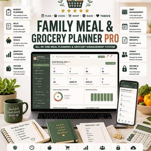 Könnte beinhalten: Ein digitales Family Meal & Grocery Planner Pro System auf einem Laptop und Smartphone, umgeben von einem Notizbuch, einem grünen Tagebuch, einer Einkaufsliste und einem Taschenrechner. Die Benutzeroberfläche bietet Budget- und Mahlzeiten-Tools.